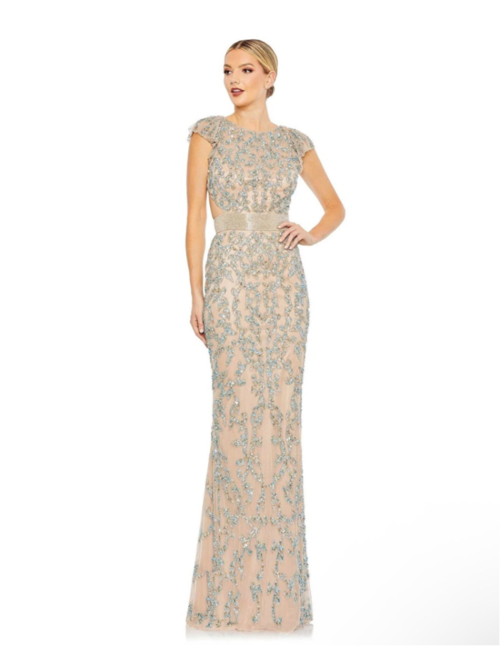 Women's Beaded Sequin Dress Size 4 Beige Blue